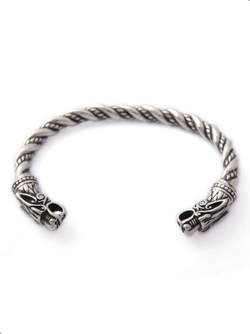HAQUIL Silver Plated Stainless Steel Viking Arm Ring Geki and Freki Wolf Head Cuff Bracelet for Men, Viking Jewelry Gift (AD) - Image 2